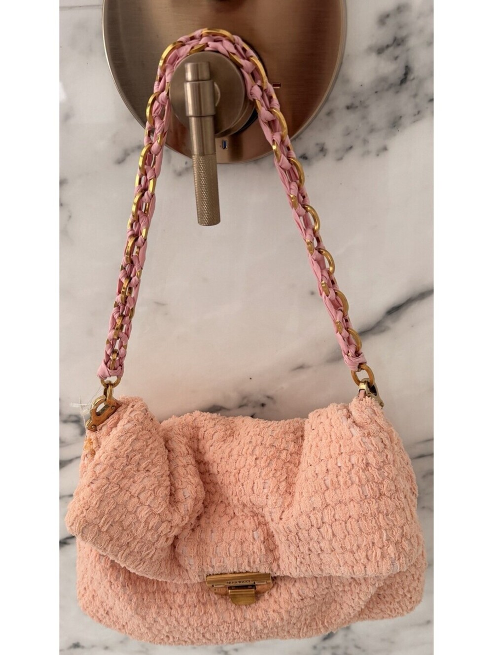 Nina Ricci Liane Rose Perle Pink Boucle Shoulder Bag Gold Chain NWT Italy